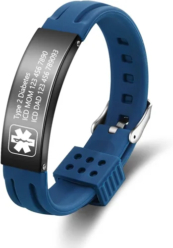 OPALSTOCK Pulseras médicas personalizadas de silicona ajustable para identificación de emergencias, grabado gratuito, 9 pulgadas, resistente al