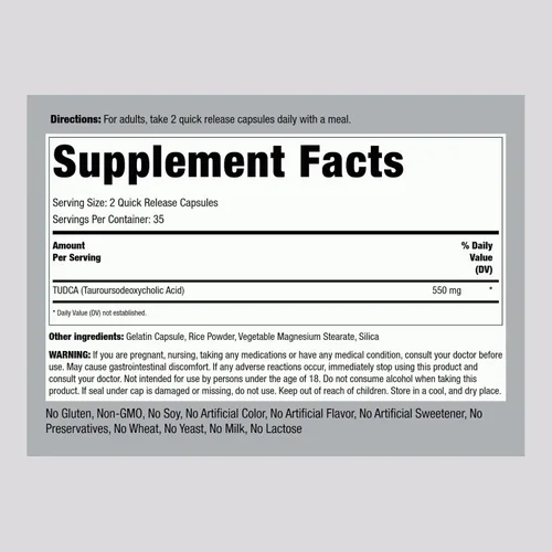 Miniatura 2 de Piping Rock Suplemento Tudca 550mg 70 Cápsulas Ácido taursodesoxicólico Sin OMG, sin gluten