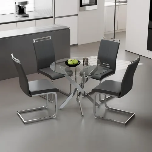Miniatura 12 de Juego de mesa de comedor redonda de vidrio templado para 4, juego de mesa de cocina moderna de 5 piezas con 4 sillas tapizadas para cocina y comedor