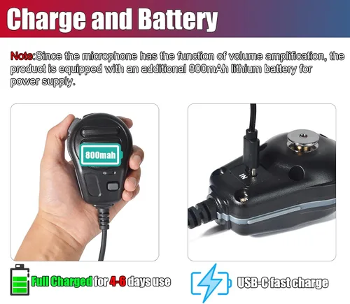 Miniatura 4 de PTT - Micrófono con cable para la aplicación ZELLO, compatible con iOS y Android con batería de 800 mAh, cable de carga, adaptador tipo C, soporte