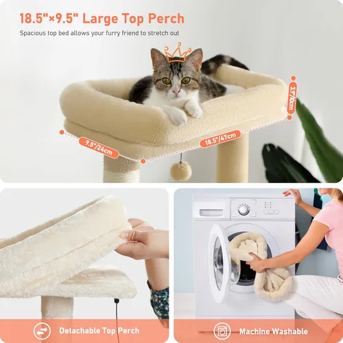 Miniatura 4 de Árbol para gatos de interior, 2 acogedores condominios con espaciosa percha superior, torre para gatos de varios niveles de 56.3 pulgadas con postes