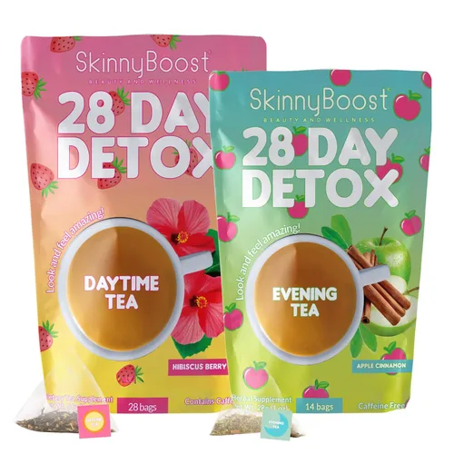 SkinnyBoost - Kit de té desintoxicante de 2 paquetes – 1 de día HIBISCO (28 bolsas) + 1 de noche MANZANA CANELA (14 bolsas) – Desintoxicación herbal