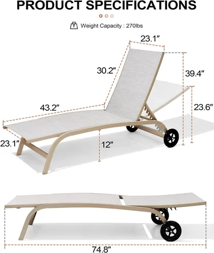 Miniatura 2 de Crestlive Products Tumbona de aluminio para exteriores con respaldo y ruedas ajustables de 5 posiciones, tumbona para todo tipo de clima para patio