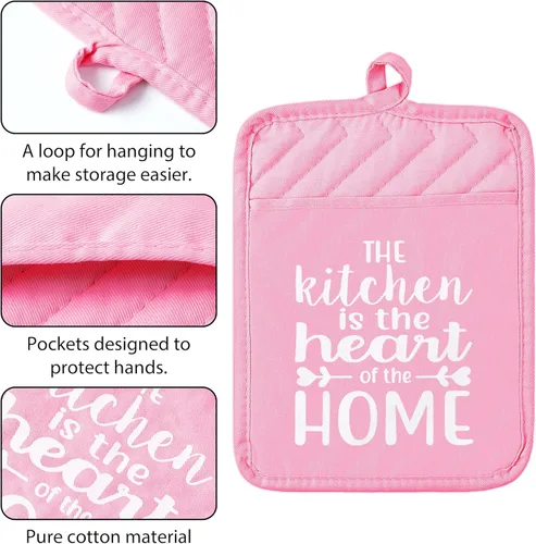 Miniatura 4 de 6 manoplas de horno divertidas, soportes para ollas, The Kitchen is The Heart of The Home, resistentes al calor, lavables a máquina, con bolsillo