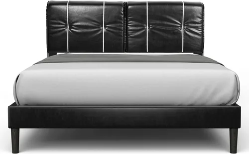 BONSOIR Base de cama tamaño Queen tapizada de perfil bajo moderna con cabecera de piel sintética, no necesita somier, no necesita falda de cama,