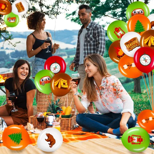 Miniatura 6 de 45 globos de campista, coloridos globos de fiesta de campamento, suministros de fiesta temática de aventura con cinta verde y marrón, kits de globos