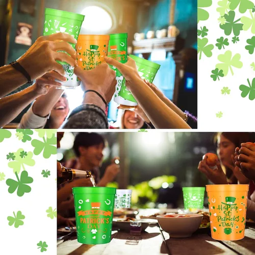 Miniatura 7 de Meanplan 36 tazas de plástico para el Día de San Patricio de 12 onzas de plástico verde trébol reutilizables a granel para niños y adultos