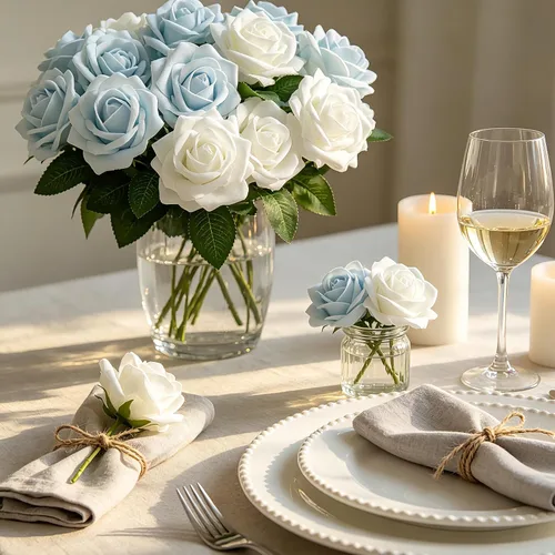 Miniatura 2 de Flores artificiales, 25 piezas, rosa artificial azul bebé para ramos de boda, centros de mesa, arreglos, flor falsa con tallos para decoración