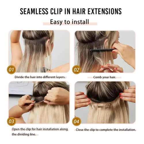 Miniatura 4 de Extensiones de cabello humano real con pinzas, 12 pulgadas, 2.89 oz, 8 piezas de extensiones de cabello Remy para mujer, color marrón medio