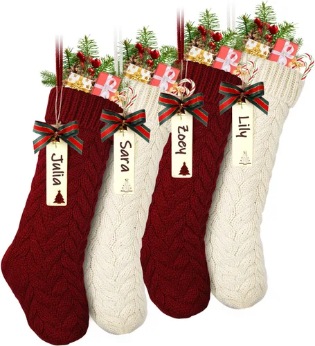 LIBWYS Medias de punto para decoración de Navidad con etiquetas de nombre, paquete de 4 medias de Navidad grandes de 18 pulgadas, medias clásicas de