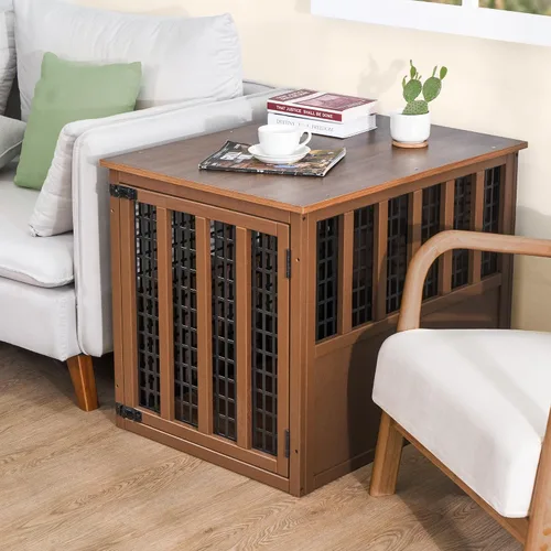 Miniatura 2 de Muebles de jaula para perros, caja de madera con puerta, perrera interior para perros pequeños/medianos, mesa auxiliar, perreras de malla, casa