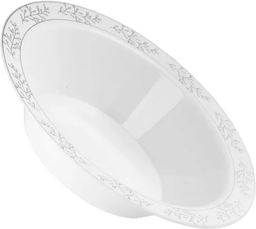 Exquisite Juego de 60 cuencos de plástico desechables de alta calidad de 14 onzas. Los platos llanos cuentan con un fondo blanco clásico con un