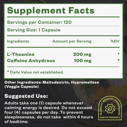 Miniatura 7 de Purisure Cápsulas de teanina de cafeína, píldoras de cafeína 100 mg L teanina para pre entrenamiento, energía y claridad, píldoras energéticas