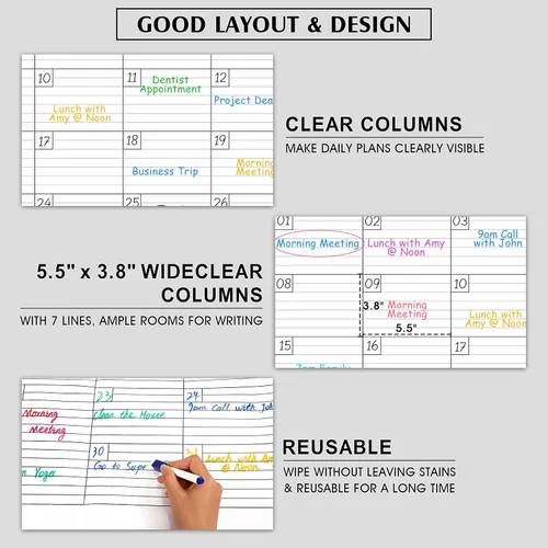Miniatura 6 de Calendario grande de borrado en seco para pared - Calendario de pared de un mes sin fecha, 40" x 30", Calendario laminado erasable y reutilizable