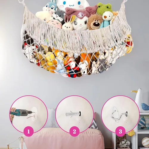 Miniatura 4 de Almacenamiento de animales de peluche de algodón, hamaca de animales de peluche, red de animales de peluche boho para dormitorio (color crema)