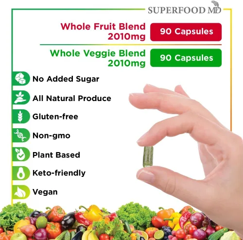 Miniatura 6 de Superfood 180 Cápsulas de Frutas y 180 Cápsulas de Verduras - Superalimentos Naturales de Alimentos Integrales - Mantiene los Niveles de Energía