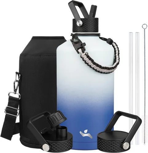 Miniatura 138 de Konokyo - Botella de agua aislada de 18 onzas, botellas deportivas de acero inoxidable con 3 tapas, verde militar