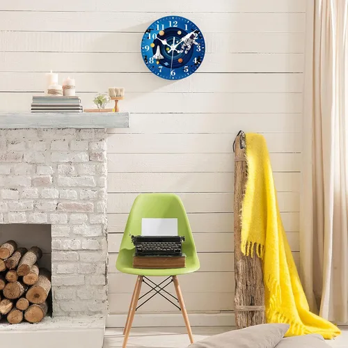 Miniatura 5 de Reloj de pared, astronauta y planetas espaciales, silencioso, sin tictac, funciona con pilas, redondo, decorativo, para interiores y exteriores