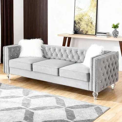 Miniatura 13 de Chesterfield - Sofá biplaza de lujo con patas acrílicas, sofás de 2 plazas, moderno de 59.84 pulgadas, con botones de diamante copetudo, con ribete