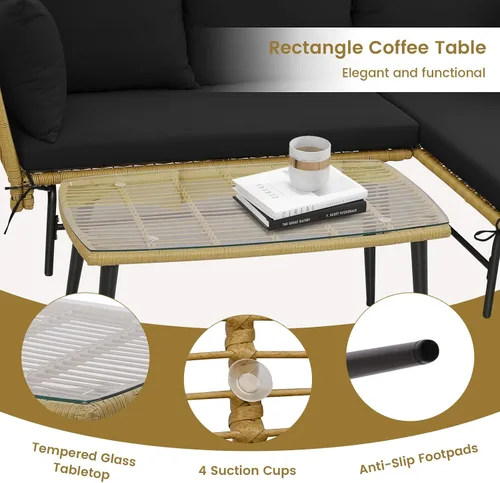Miniatura 8 de Tangkula Juego de muebles de mimbre para exteriores, sofá de patio en forma de L de 3 piezas con cojines y mesa de vidrio templado, marco de metal