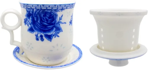 Miniatura 4 de Taza de té de porcelana con tapa de infusor y juegos de platillos – Taza de café de cerámica china Jingdezhen Taza de té de hoja suelta Sistema
