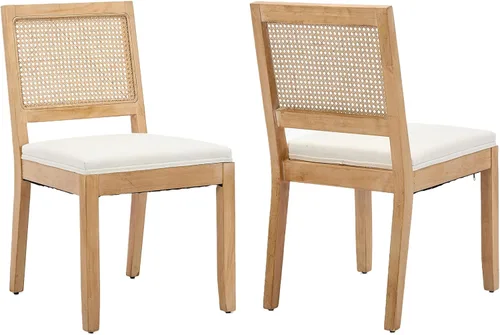 Miniatura 13 de Juego de 2 sillas de comedor de campo francés, sillas de comedor de madera de granja beige, silla de comedor con respaldo tejido con cojín tapizado