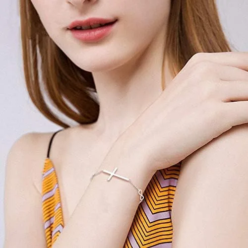 Miniatura 3 de EVER FAITH Pulsera de cruz de plata de ley 925 religiosa clásica con dije de infinito con dije de cruz, cadena ajustable, cumpleaños, día