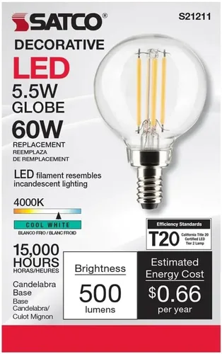 Miniatura 5 de Satco Bombillas LED E12 de 5.5 W, 4000 K, clasificación de 15000 horas, regulables