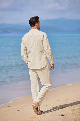 Miniatura 3 de COOFANDY Conjuntos de lino para hombre, 2 piezas, camisa de manga larga con botones y pantalones casuales de playa con cordón en la cintura, trajes