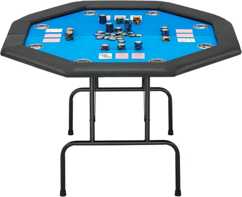 ECOTOUGE Mesa plegable de póquer Texas Holdem con patas plegables y portavasos de acero inoxidable, mesa Gamimg para 8 jugadores, azul