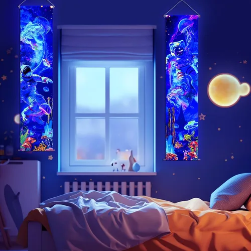 Miniatura 7 de Tiamon 2 Piezas de Arte de Luz Negra para Pared, Tapiz Trippy de Luz Negra, Póster de Tapiz UV Reactivo, Banner Estético, Fondo de Pared para Colgar