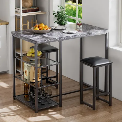 Miniatura 2 de VECELO juego de mesa de bar pequeña y sillas para 2, taburetes tapizados y estantes de almacenamiento de vidrio, para cocina, comedor, rincón
