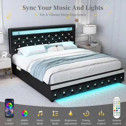 Miniatura 4 de SIBEDS Base de cama completa con LED y 2 cajones, marco de cama de plataforma de metal resistente de tamaño completo con cabecera ajustable