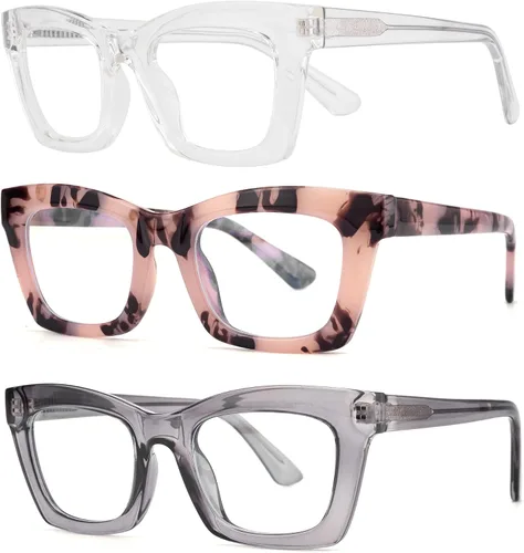 Miniatura 12 de Paquete de 3 gafas de lectura estilo Oprah con bisagra de resorte, bloqueo de luz azul, para computadora, montura cuadrada para mujeres y hombres