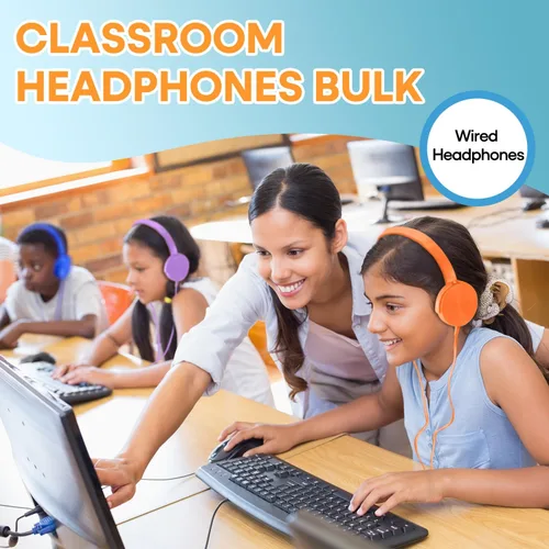 Miniatura 3 de Paquete de 5 audífonos para niños a granel para el aula escolar K-12, juego de auriculares duraderos para estudiantes, niños, adolescentes, niños