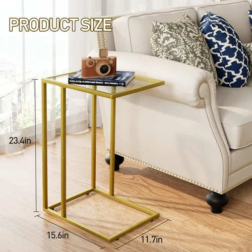 Miniatura 3 de Mesa auxiliar en forma de C, mesa auxiliar para sofá, mesa de refrigerio con vidrio templado y marco de metal, pequeña mesa de bandeja de TV