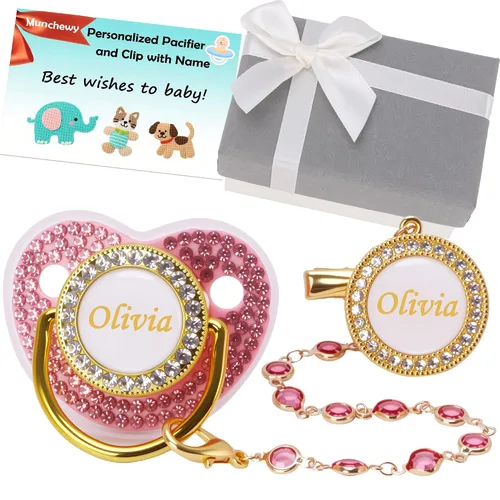 Miniatura 7 de Chupete personalizado con nombre, juego de clip para chupete dorado brillante con caja de regalo, tarjeta de felicitación, lujoso chupete de cristal