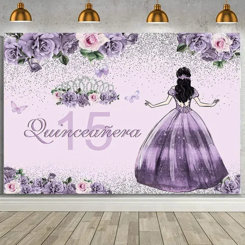 AIBIIN Telón de fondo de quinceañera de 7 x 5 pies, corona dorada, vestido floral morado, corona de princesa, fondo de fotografía, fiesta de