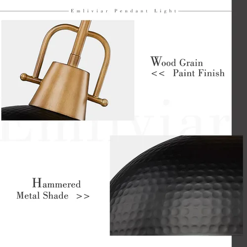 Miniatura 3 de Emliviar GE269MIL BK+WD - Lámpara colgante moderna de 10.2 pulgadas, lámpara colgante moderna para isla de cocina, pantalla de cúpula de metal negro