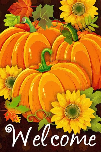 Texupday Bandera de bienvenida para el jardín, diseño de calabazas, girasoles, para exteriores, 12 x 18 pulgadas