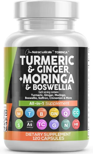 Suplemento de Cúrcuma y Moringa de Clean Nutraceuticals | Jengibre, Boswellia, Azafrán - Suplemento para Mujeres y Hombres con Canela de Ceilán,