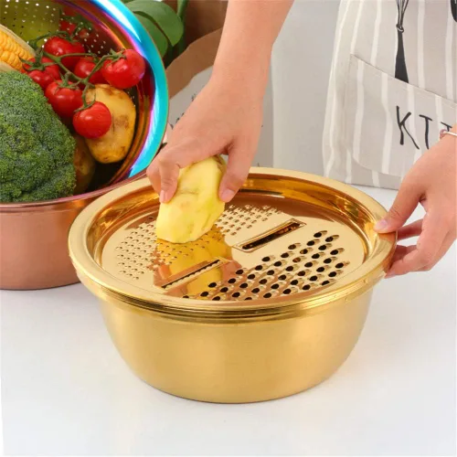 Miniatura 2 de Juego de colador multifuncional 3 en 1, rallador de cocina de acero inoxidable, cesta de drenaje/lavabo inferior para lavar arroz, frutas, verduras