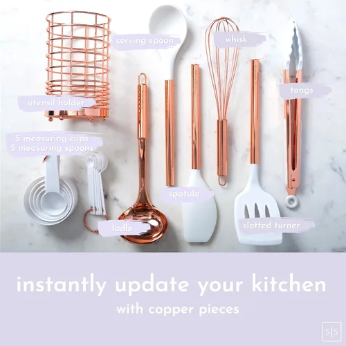Miniatura 2 de Juego de utensilios de cocina de silicona y cobre blanco con soporte - 17 piezas de elegantes herramientas de cocina en color oro rosa para Blanco