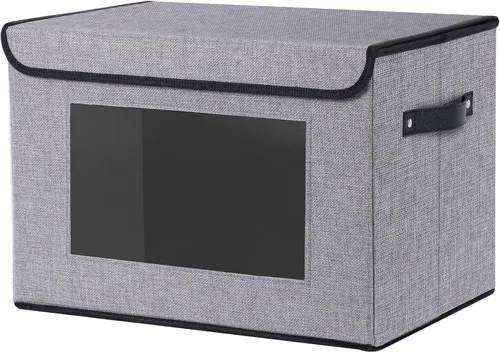 Miniatura 8 de Cesta de almacenamiento de tela con tapa, organizador decorativo de lino para armario, caja de almacenamiento de 15 x 9.8 x 9.8 pulgadas con asas