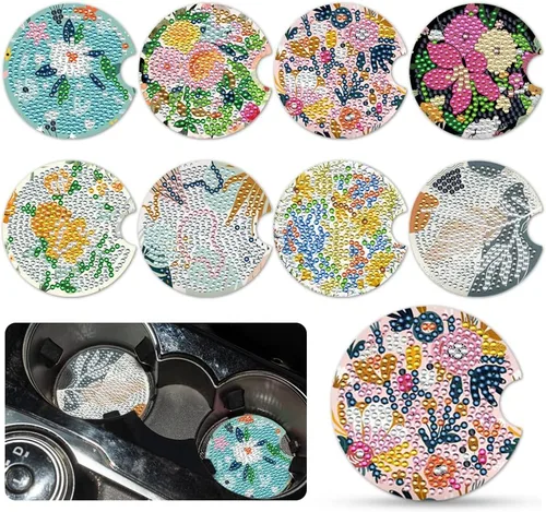 Miniatura 19 de Juego de 8 posavasos de arte de diamante para adultos con soporte de almohadillas de corcho, paisaje abstracto de bricolaje, arte de diamantes