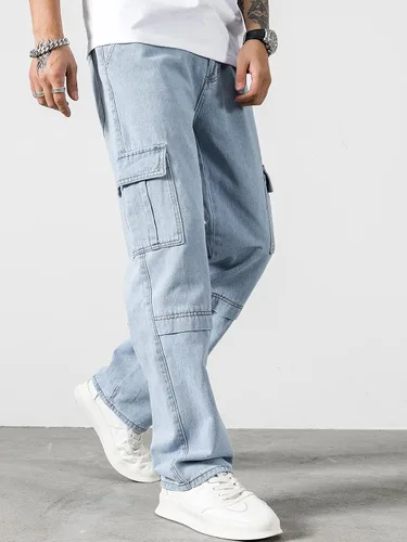 Miniatura 3 de Jeans para hombre con letras parcheadas con detalle de solapa, bolsillo lateral, jeans cargo para hombres
