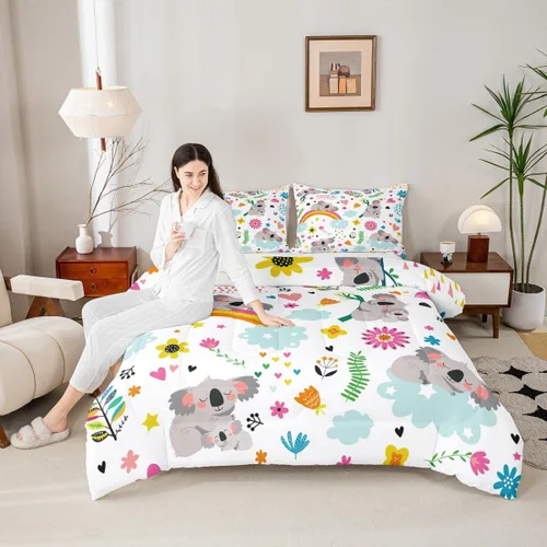 Miniatura 4 de Erosebridal Juego de Ropa de Cama Infantil Koala Lindo con Animales de Safari para Niños y Niñas, Juego de Edredón con Flores y Mariposas, Juego