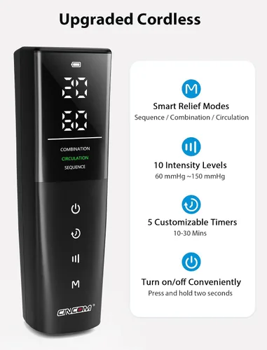 Miniatura 4 de Masajeador de piernas inalámbrico CINCOM, compresión de aire para dolor y circulación 3 massage modes, 10 intensities, 5 timers, Rechargeable