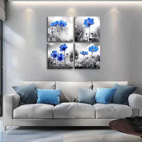 Miniatura 8 de Arte de pared para dormitorio, flor azul cian en blanco y negro, decoración de pared para decoración del hogar, pintura de arte de 12 x 12 pulgadas
