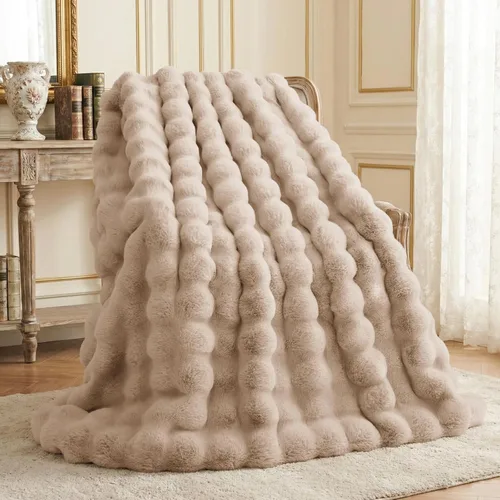 Miniatura 18 de L'AGRATY - Manta de piel sintética de 50" x 60" de lujo, suave y esponjosa, de pelo de conejo, para cama, sofá o diván - Manta mullida y decorativa